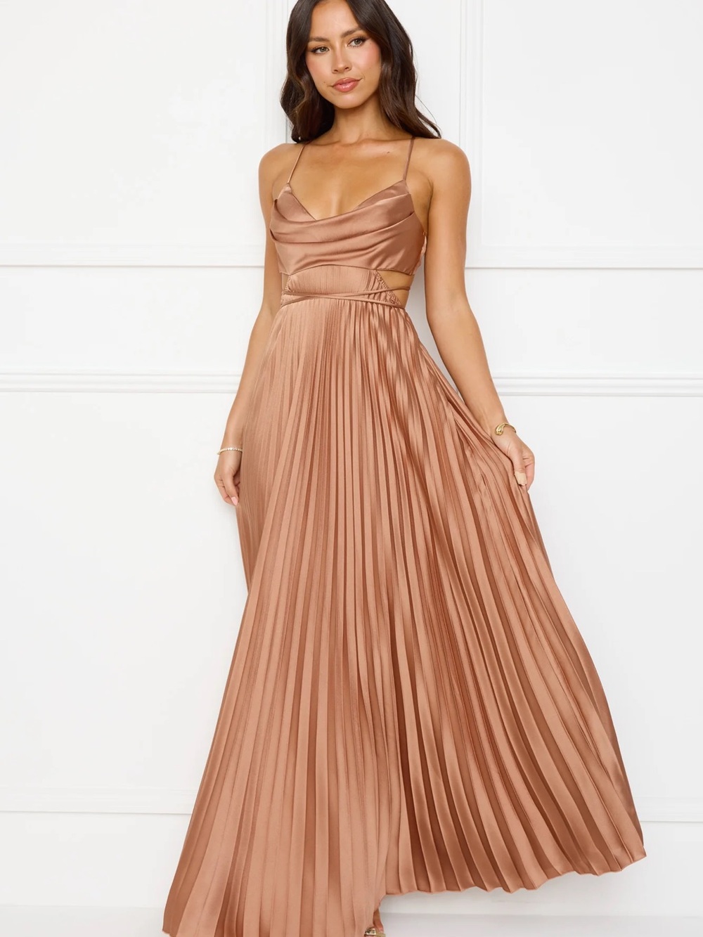 Hello Molly Copper Satin Pleated Maxi Dress